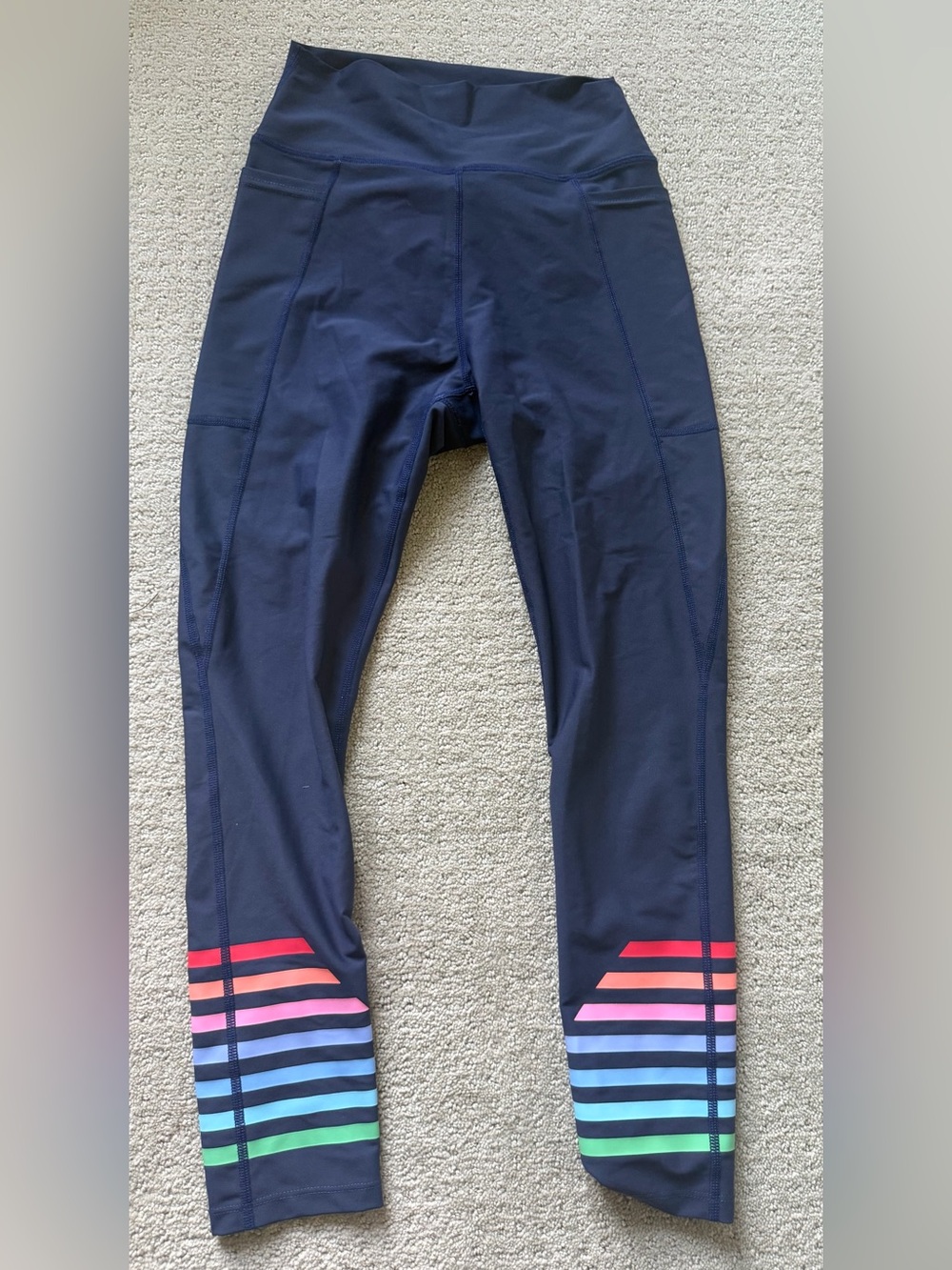 Addison Bay Navy Performance Leggings with Multicolor Stripe Cuffs
